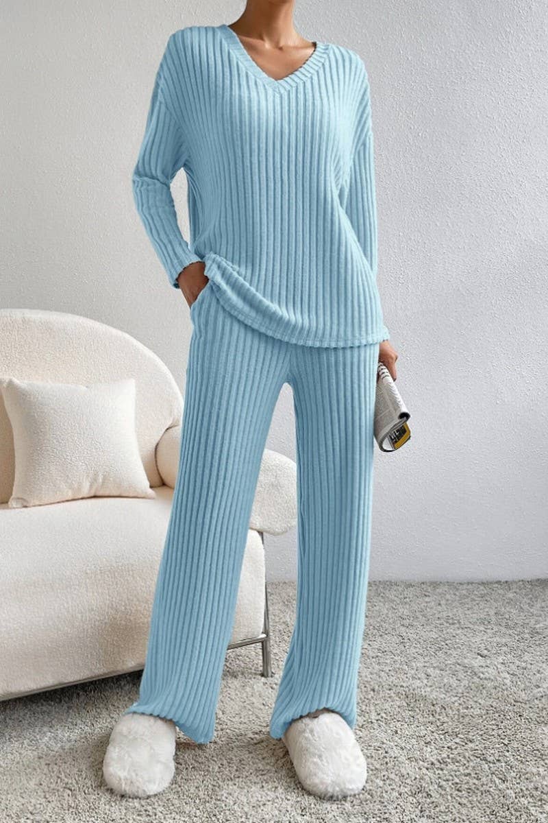 CWSTB00462_RIBBED KNIT V NECK TOP AND STRAIGHT PANTS SET