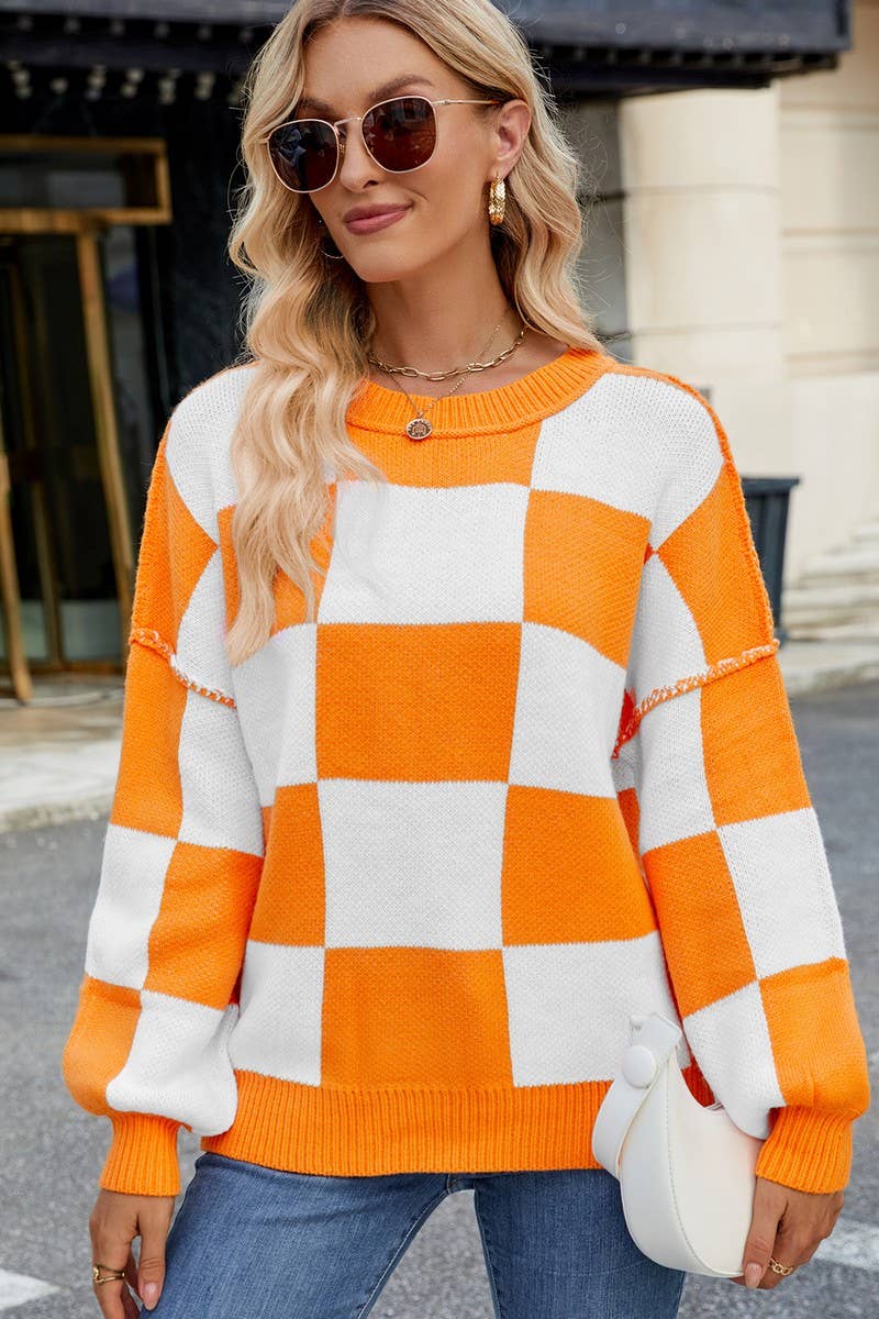 CWOSWL07726_LOOSE CASUAL PLAID COLORBLOCK SWEATER