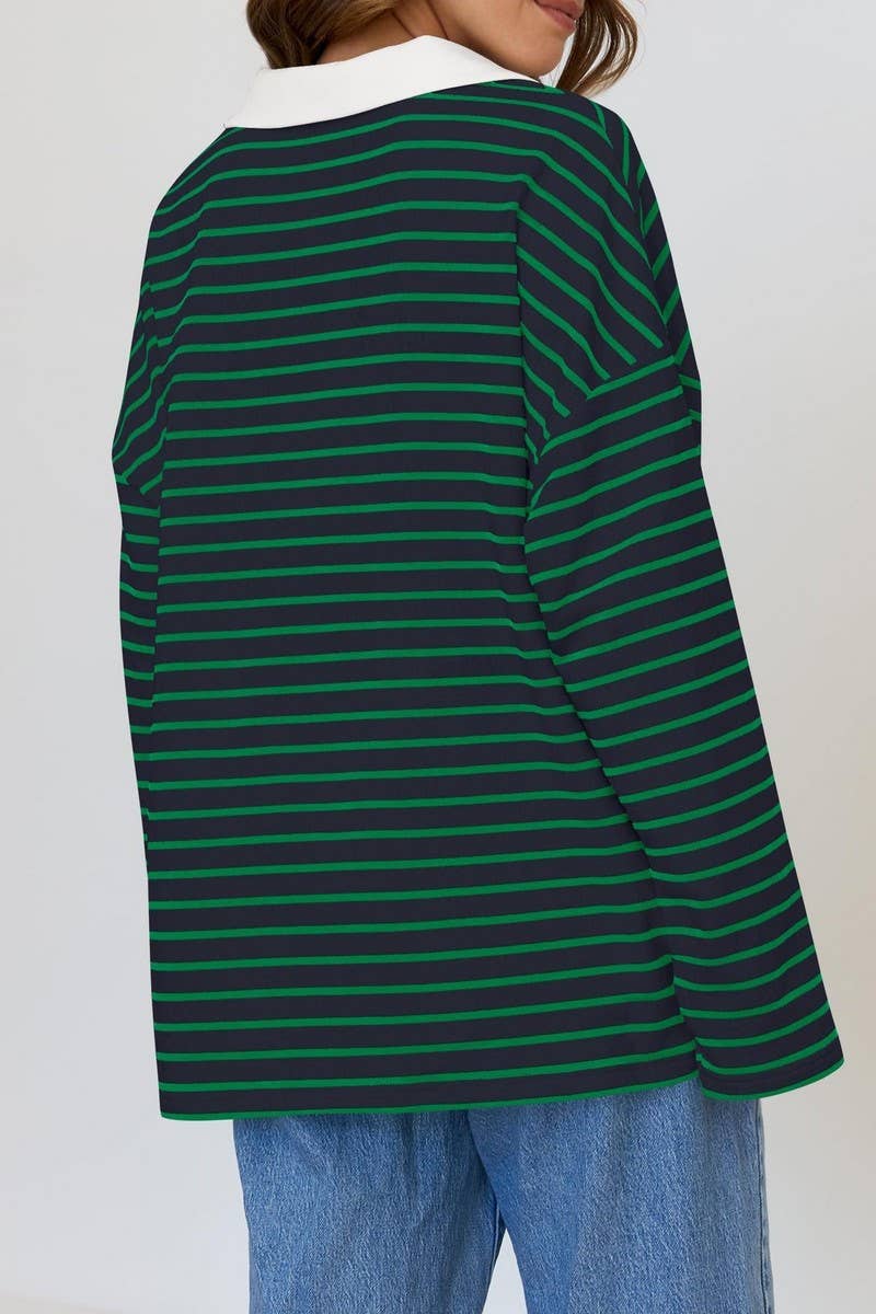 CWTBLL1811_LAPEL STRIPED V-NECK LOOSE SWEATSHIRT