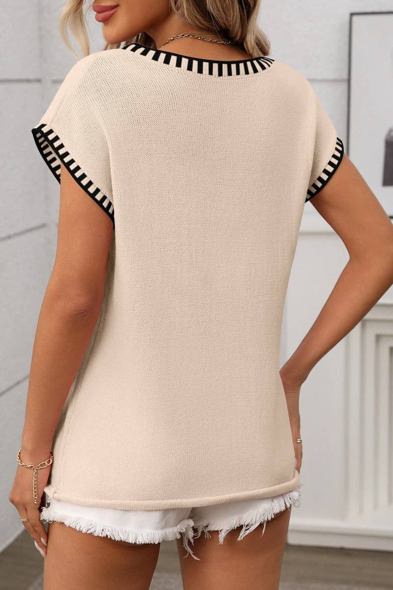 CWOSWSL0155_V-NECK CAP SLEEVE KNIT PULLOVER SWEATER VEST