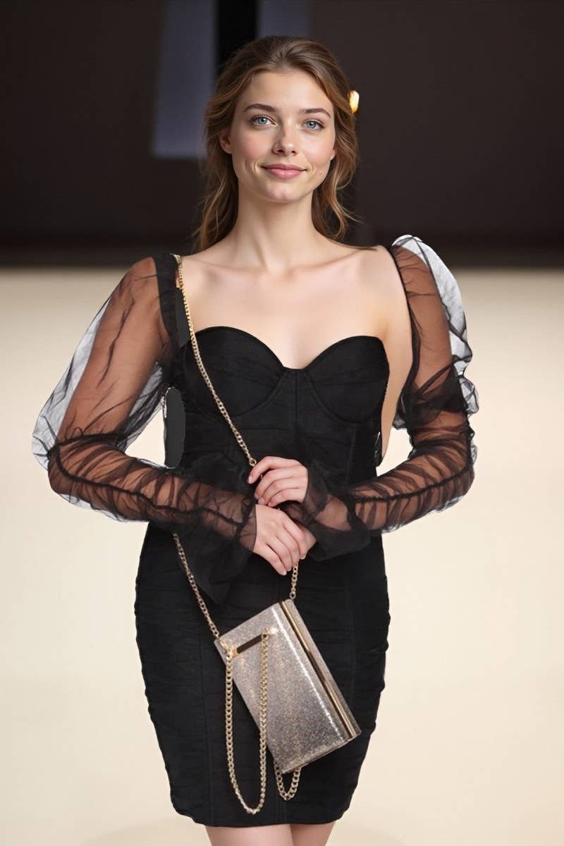 CWDTD00493_STRAPLESS MESH PATCH BODYCON CLUB DRESS