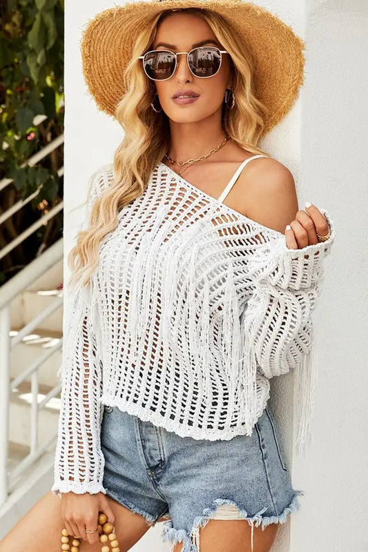 CWTBLS1757_FRINGED HOLLOW SOLID COLOR BIKINI BEACH COVER-UP