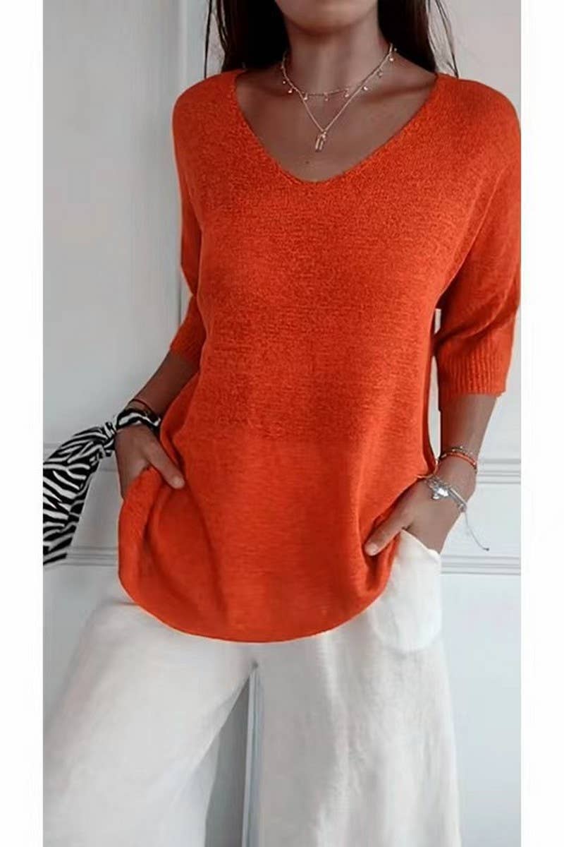 CWOSWL07659_V-NECK SOLID COLOR KNITTED BOTTOMING TOP