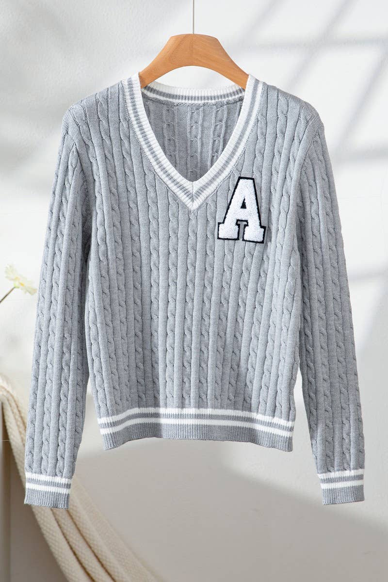 CWOSWL07059_TOWEL EMBROIDERED LETTERING V-NECK KNIT TOP