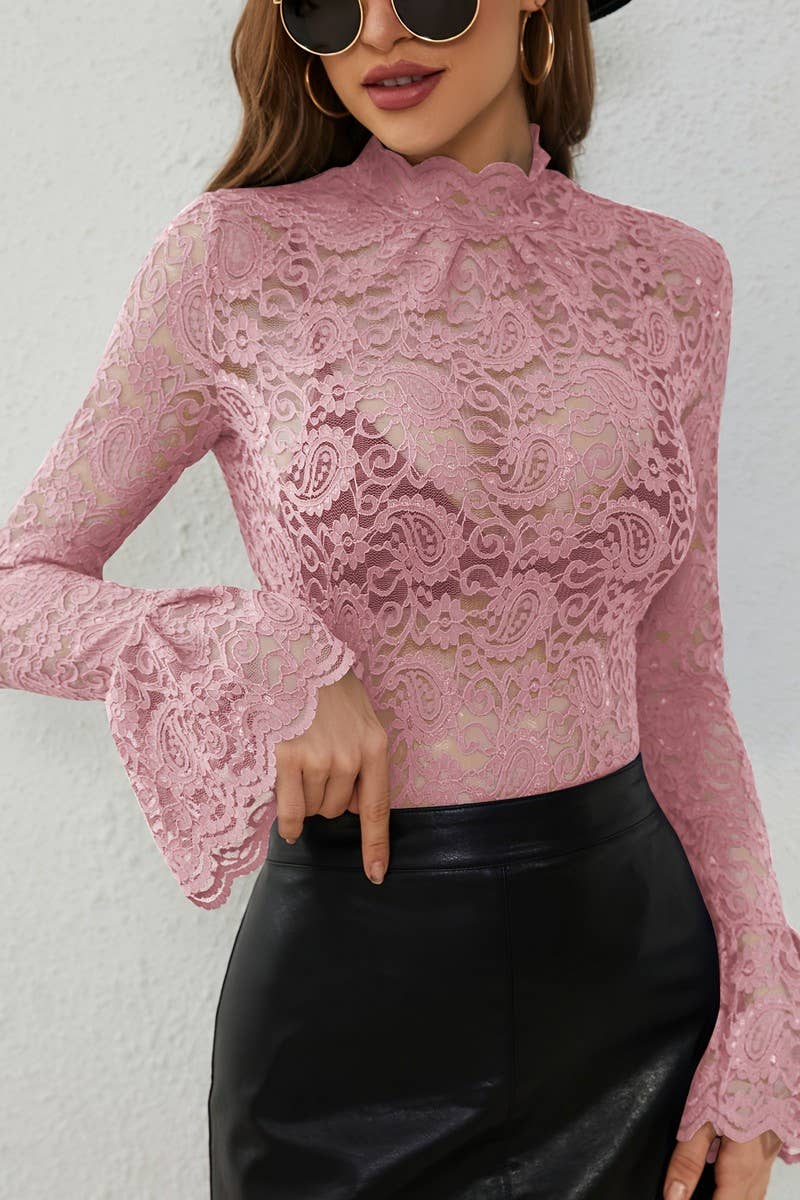 CWTBLL3464_HALF TURTLENECK LACE TRUMPET SLEEVE TOP