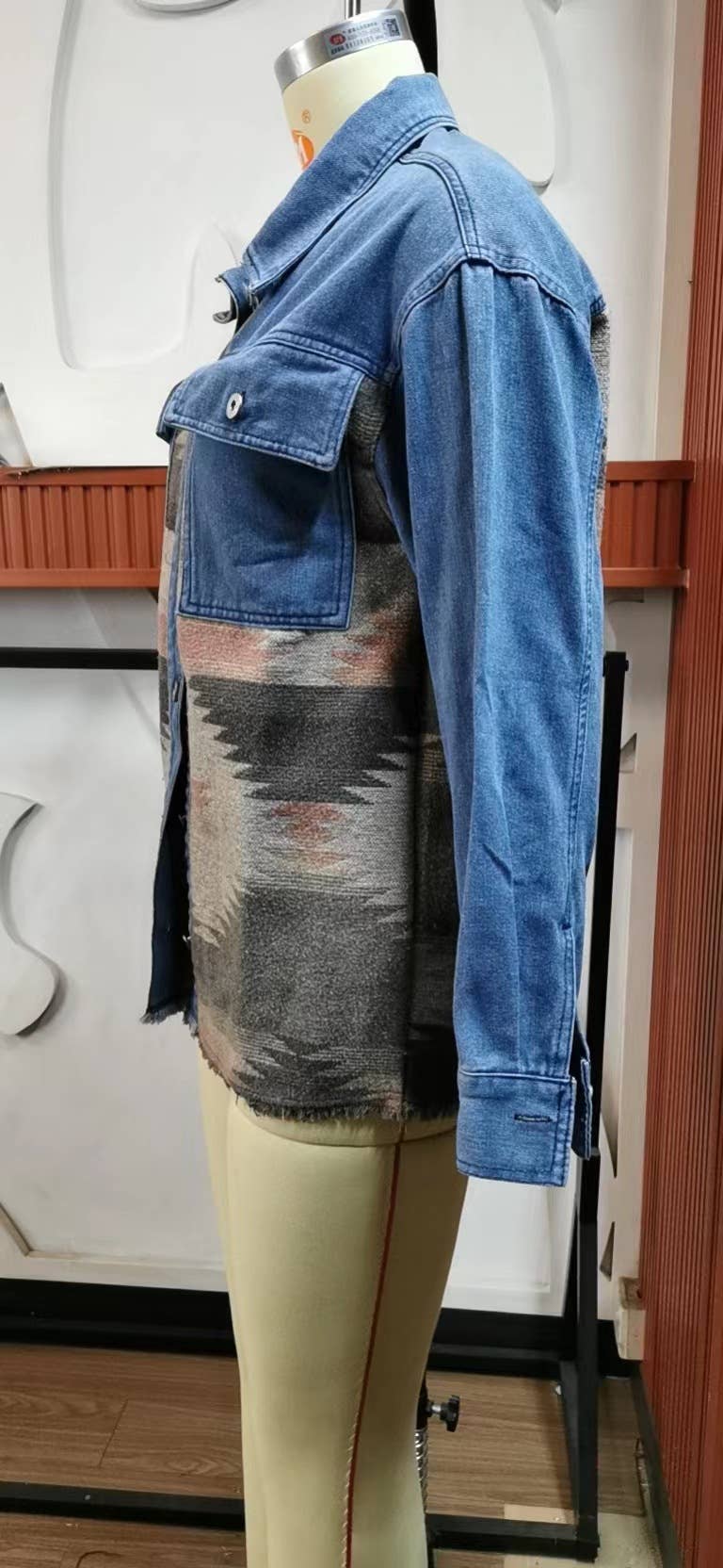 Denim patchwork lapel button-down woolen coat