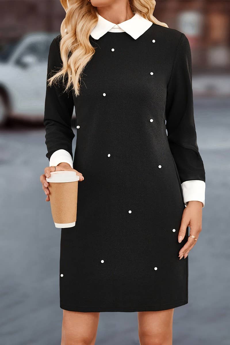 CWDSD7617_BEADED CASUAL LAPEL KNITTED LONG SLEEVE DRESS