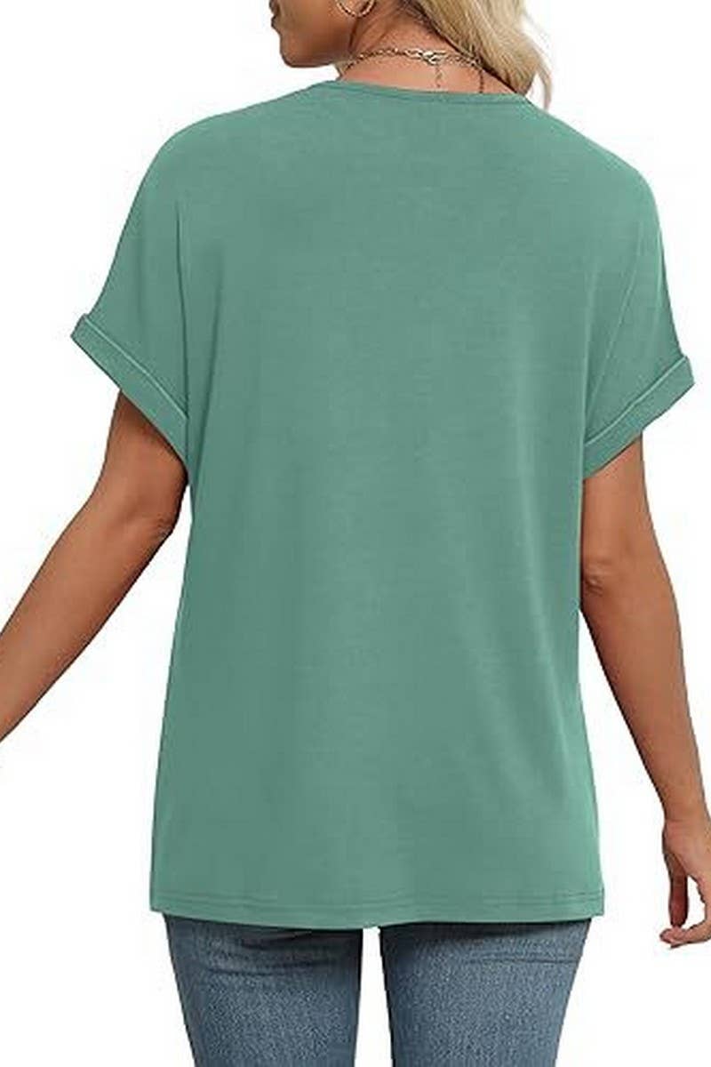 CWTBLS2191_SOLID V-NECK LOOSE BATWING SLEEVE CROP TEE