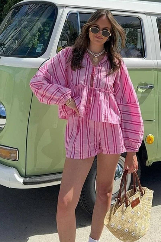 CWSTB1391_STRIPED LACE-UP BALLOON SLEEVE SHORTS SET