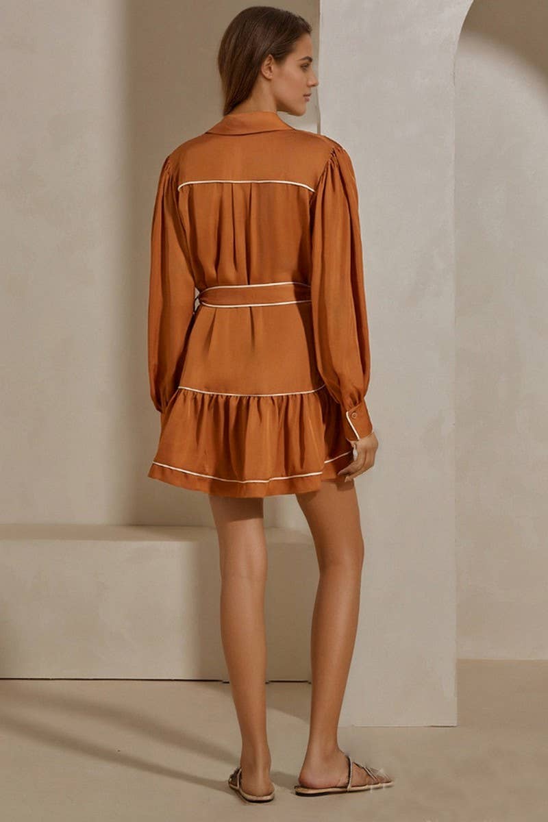 CWTDSL0126_TIE-TIE CARAMEL COLORBLOCK SATIN SHIRT DRESS