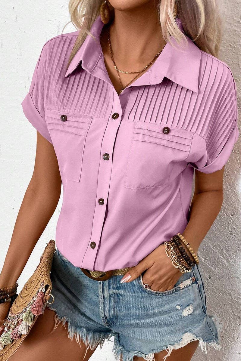 CWTSTS0680_SOLID COLOR LAPEL PLEATED RAGLAN SHORT SLEEVE TOP