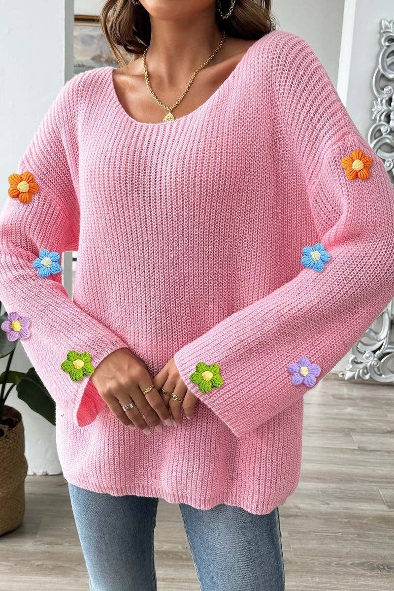 CWTTK00288_WOMEN OFF SHOULDER CROCHET FLOWER KNIT SWEATER