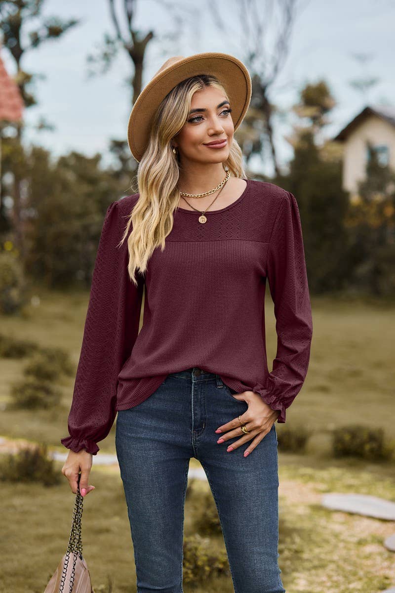 CWTBLL2417_SPLICED ROUND NECK LOOSE LONG SLEEVE T-SHIRT TOP