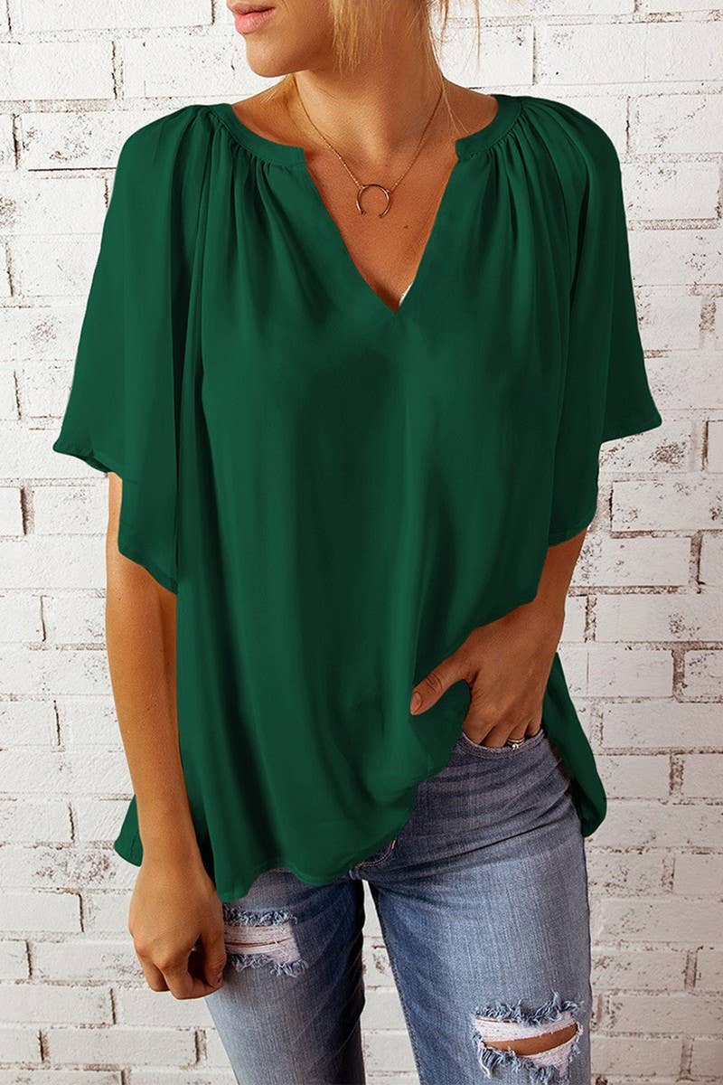 CWTBLS1790_SOLID COLOR LOOSE V-NECK T-SHIRT CHIFFON SHIRT