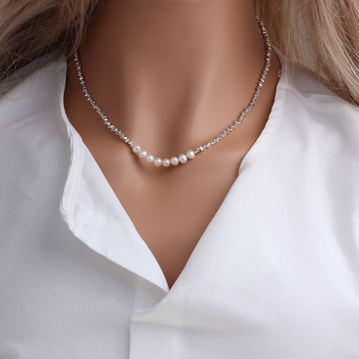 Broken silver beads pearl collarbone chain