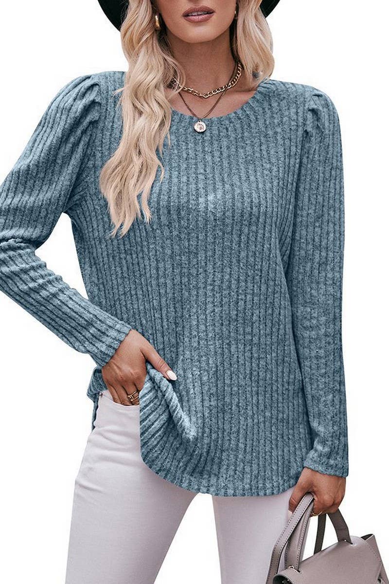 CWTBLL1832_ROUND NECK PUFF SLEEVE RIBBED SOLID COLOR TOP