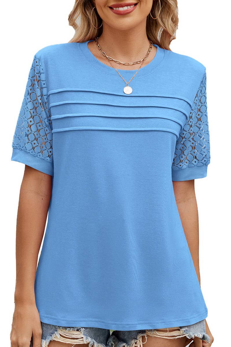 CWTBLS1726_SOLID COLOR ROUND NECK LACE SLEEVE T-SHIRT TOP