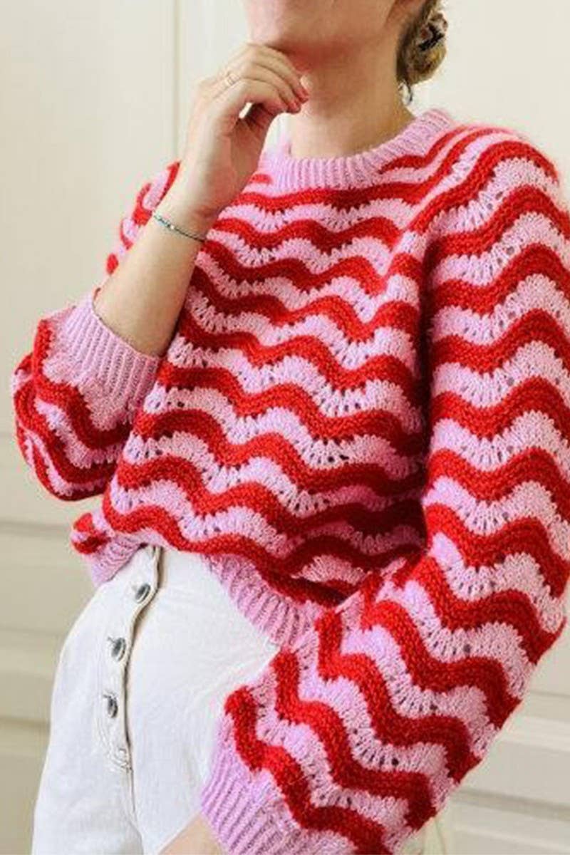 CWOSWL07449_CREW NECK WAVY STRIPE CASUAL KNIT SWEATER
