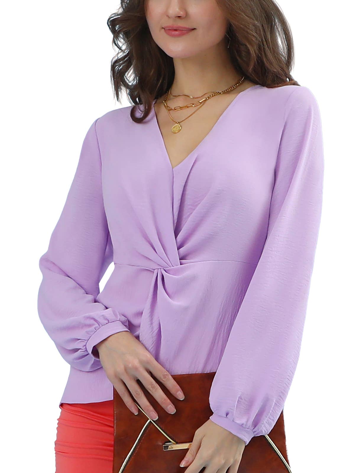 CWTBLL431_V NECK LONG SLEEVE Z TWIST RUFFLE BLOUSE TOP