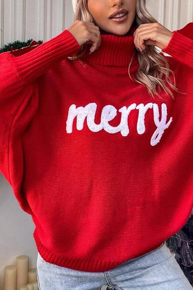 CWOSWL6261_EMBROIDERED BAT SLEEVE CHRISTMAS SWEATER