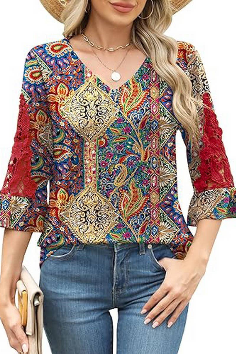 CWTBLL3901_LACE RUFFLE SLEEVE V-NECK PRINT TOP