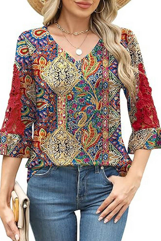 CWTBLL3901_LACE RUFFLE SLEEVE V-NECK PRINT TOP
