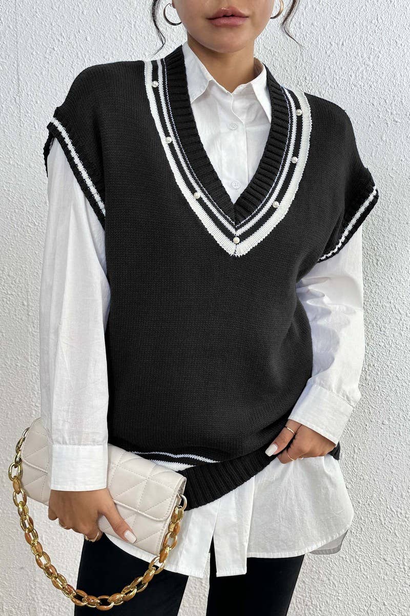 CWTSTL00989_WOMEN V NECK COLOR BLOCK STRIPED KNIT VEST