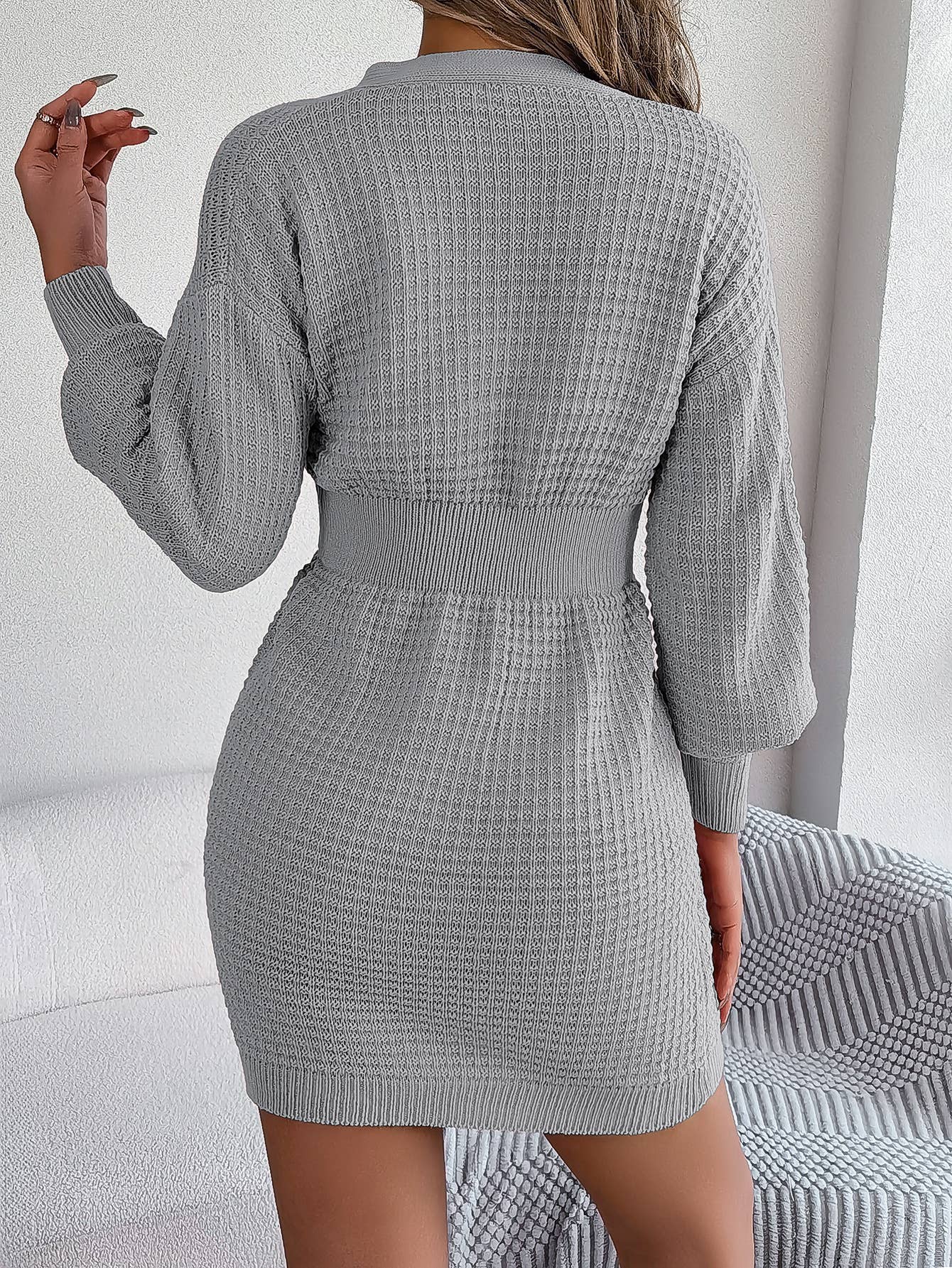 BUTTON-DOWN V-NECK SWEATER DRESS WITH HIP WRAP