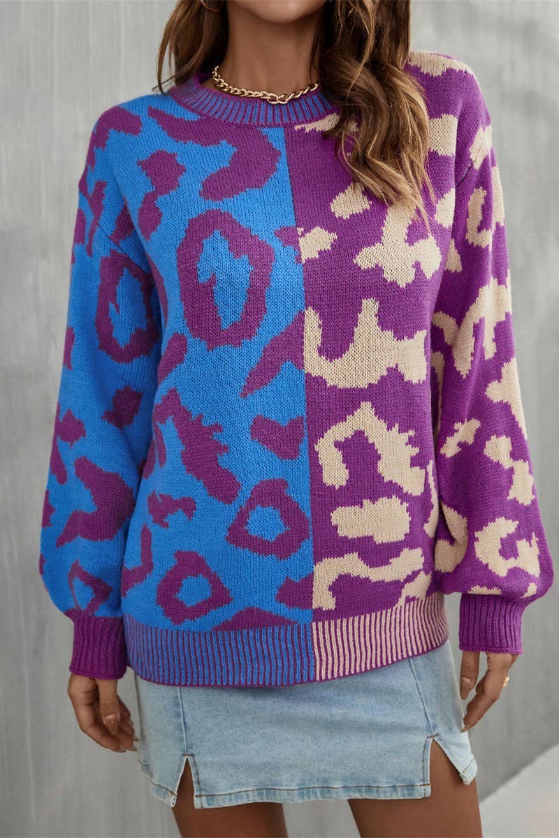 CWOSWL3151_CREW NECK LEOPARD PRINT KNITTED SWEATER