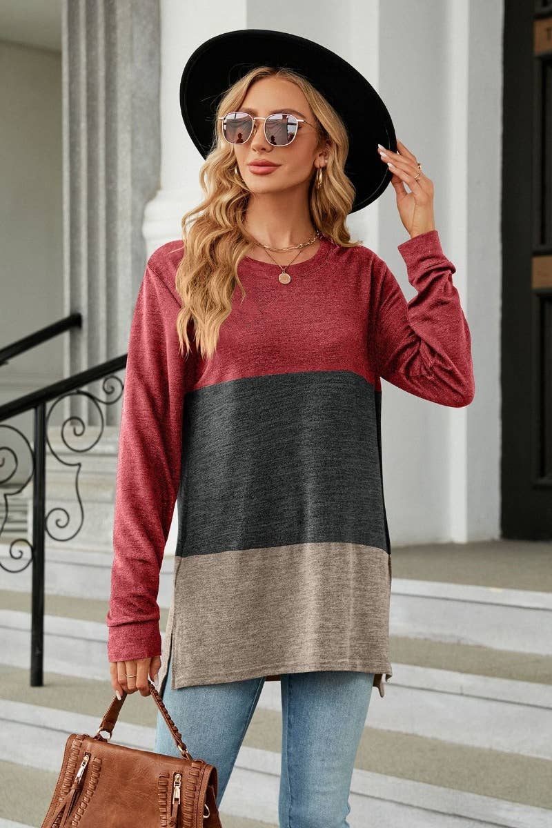 CWTBLL2818_CREW-NECK COLOR MATCHING LONG-SLEEVED TOP