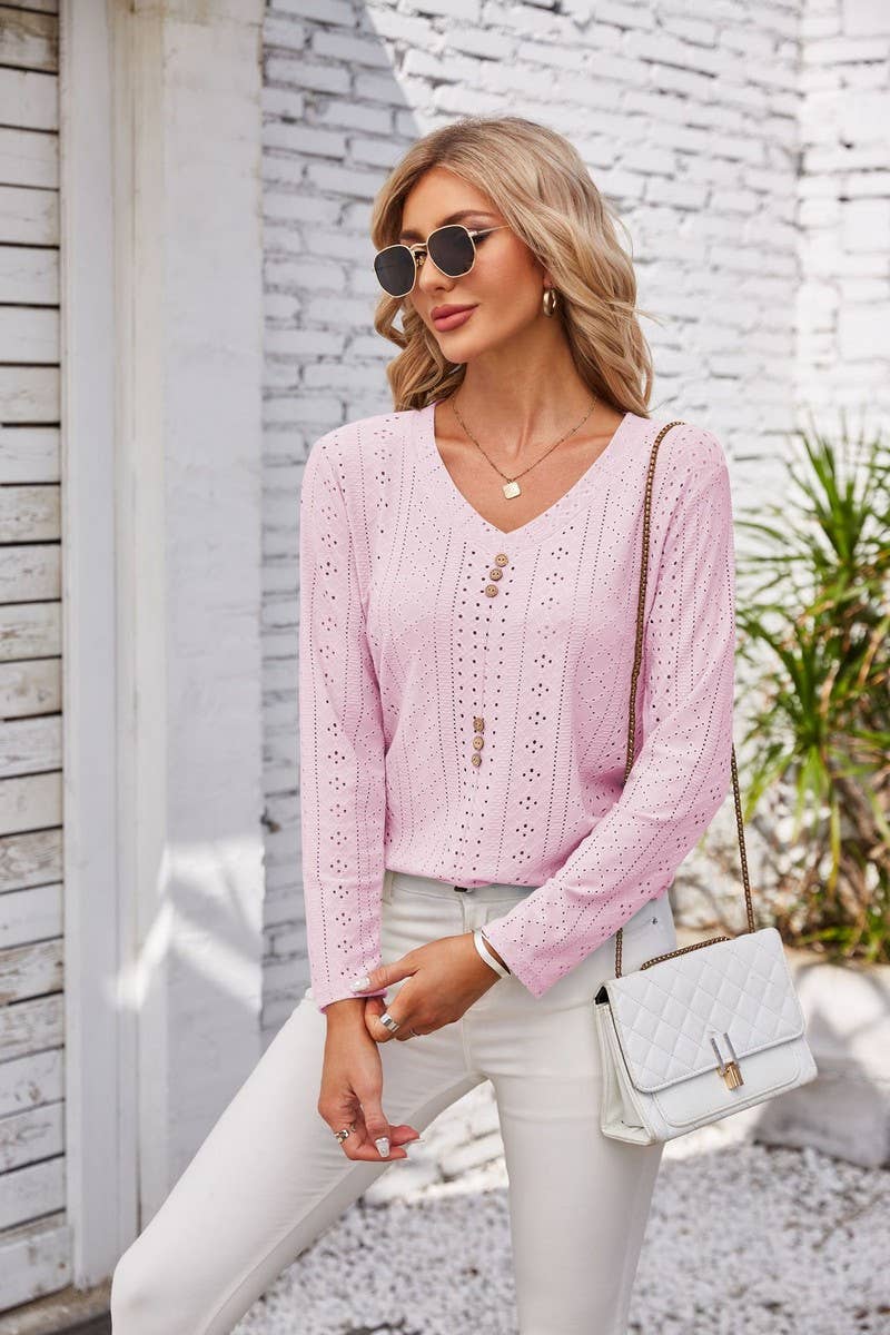 CWTBLL1042_V-NECK LONG-SLEEVED T-SHIRT TOP