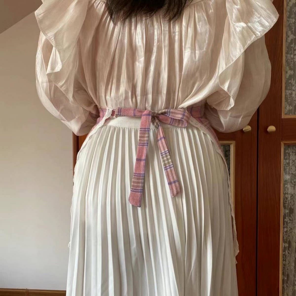 PLAID HALF-LENGTH COTTON LACE APRON_CWMM5837