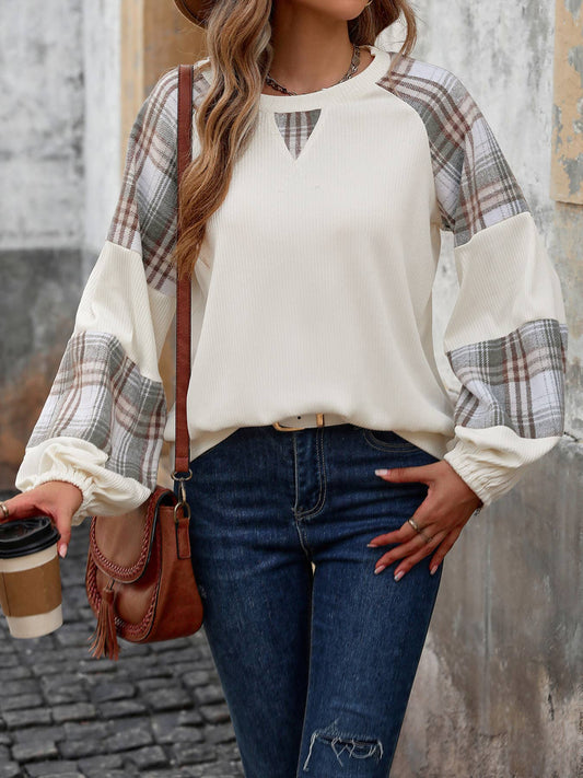 Casual loose plaid color matching round neck hoodie
