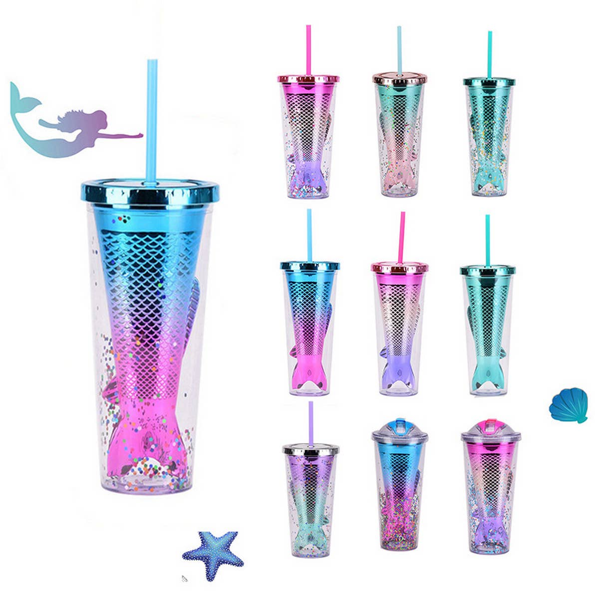 DOUBLE LAYER GRADIENT MERMAID TAIL WATER CUP