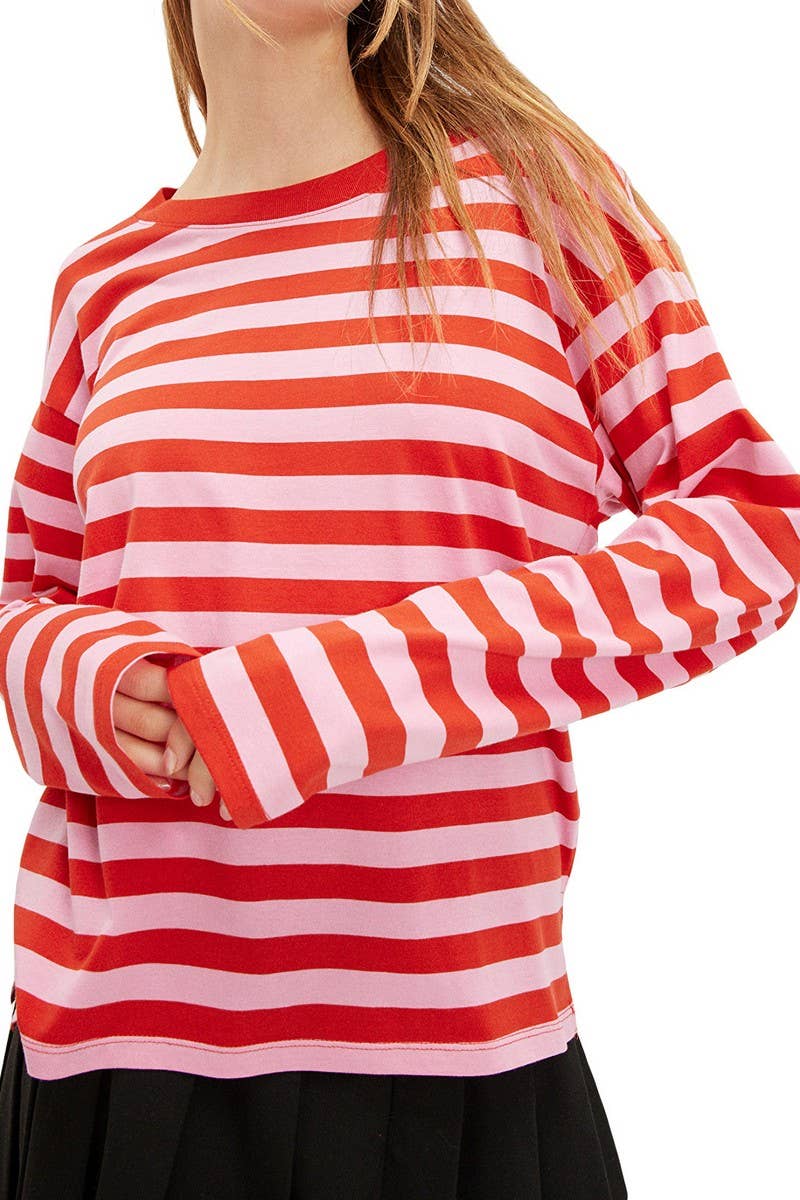CWTBLL3969_RINTED STRIPED PATCHWORK CREW NECK PULLOVER TEE