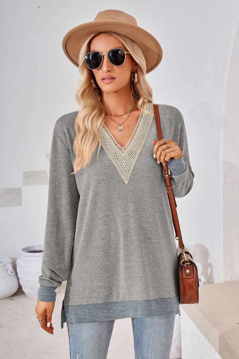 CWTBLL3660_AUTUMN NEW V-NECK LACE SOLID COLOR LOOSE T-SHIRT