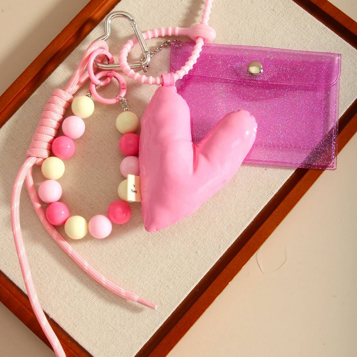 3D Pink PU Heart Keychain with Beaded Coin Purse_CWMM7835