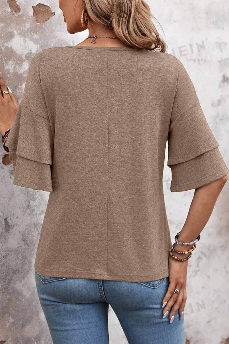 CWTBLS1614_SOLID COLOR V-NECK DOUBLE-LAYER SLEEVE T-SHIRT
