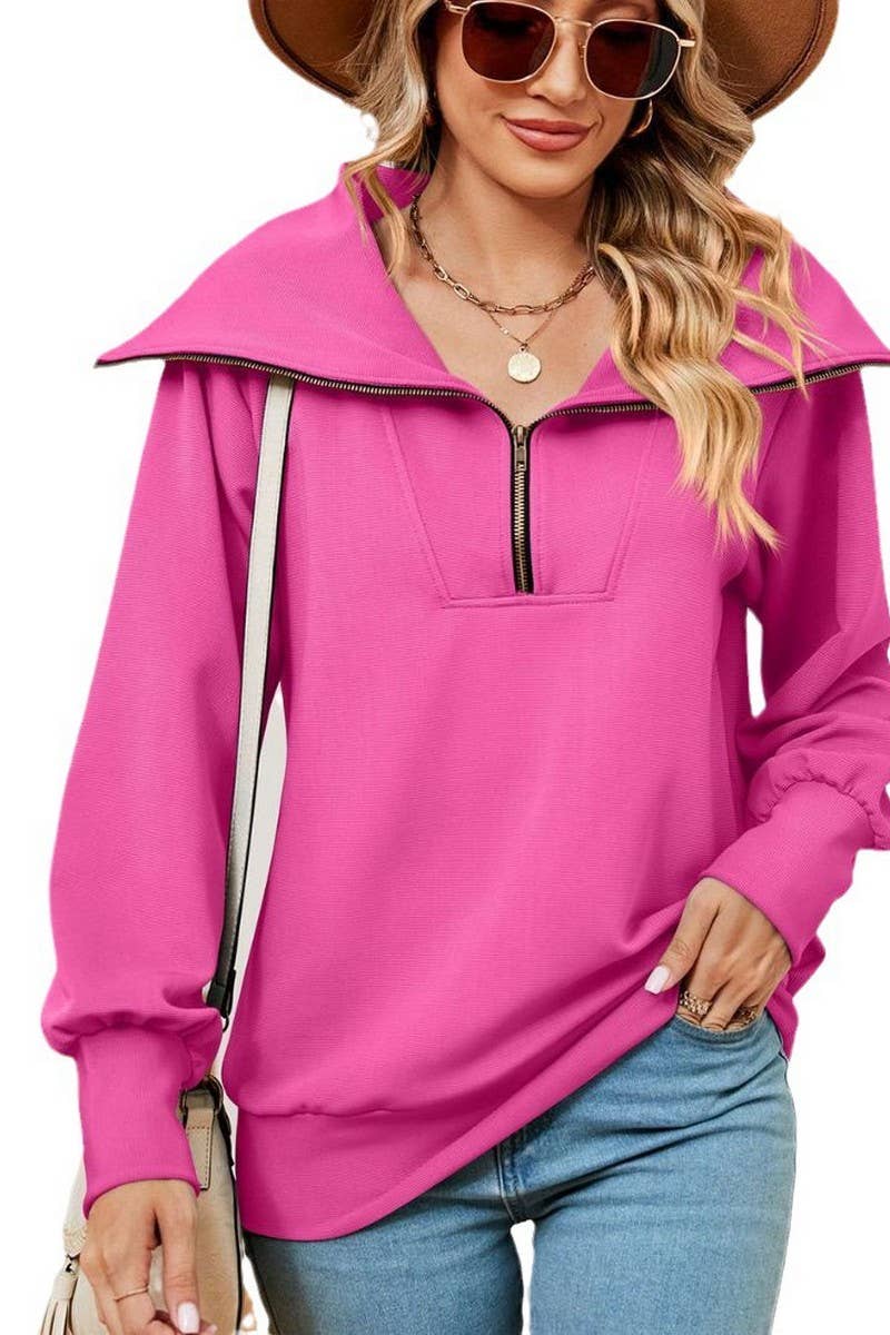 CWTBLL2400_SOLID COLOR ZIPPER LAPEL LOOSE SHAWL SWEATSHIRT