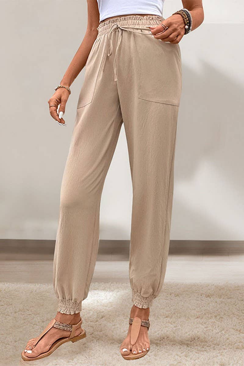 CWBLP1793_SUMMER SOLID COLOR TEXTURED ELASTIC WAIST PANTS