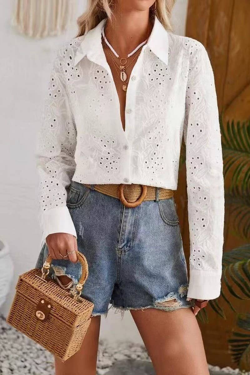 CWTBLS2046_ELEGANT HOLLOW SOLID COLOR LAPEL SHIRT