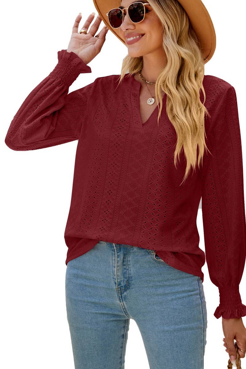 CWTBLL2407_V-NECK HOLLOW PLEATED LOTUS LEAF SLEEVE TOP