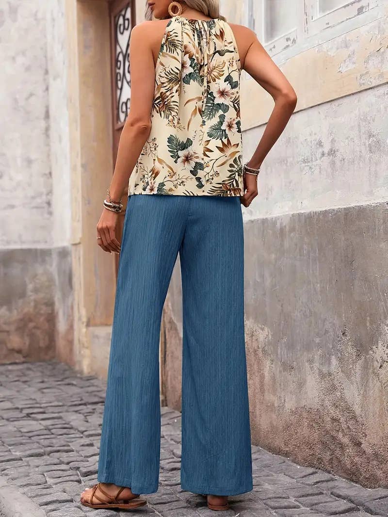 A halter ethnic-style printed top trousers set