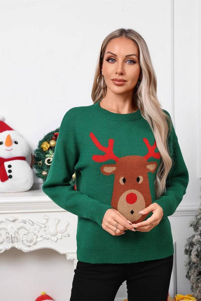 CWOSWL07582_CARTOON DEER JACQUARD CHRISTMAS SWEATER