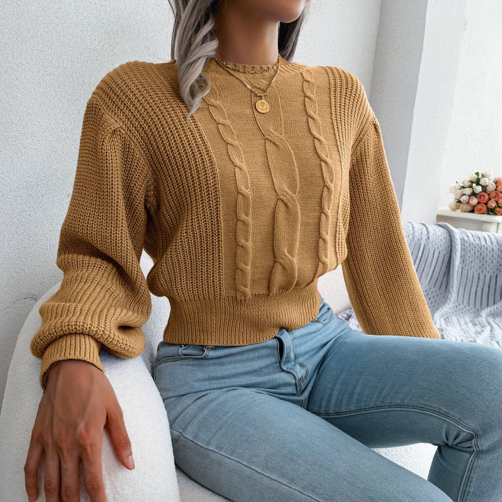 CASUAL TWIST LANTERN SLEEVE WAIST KNIT SWEATER