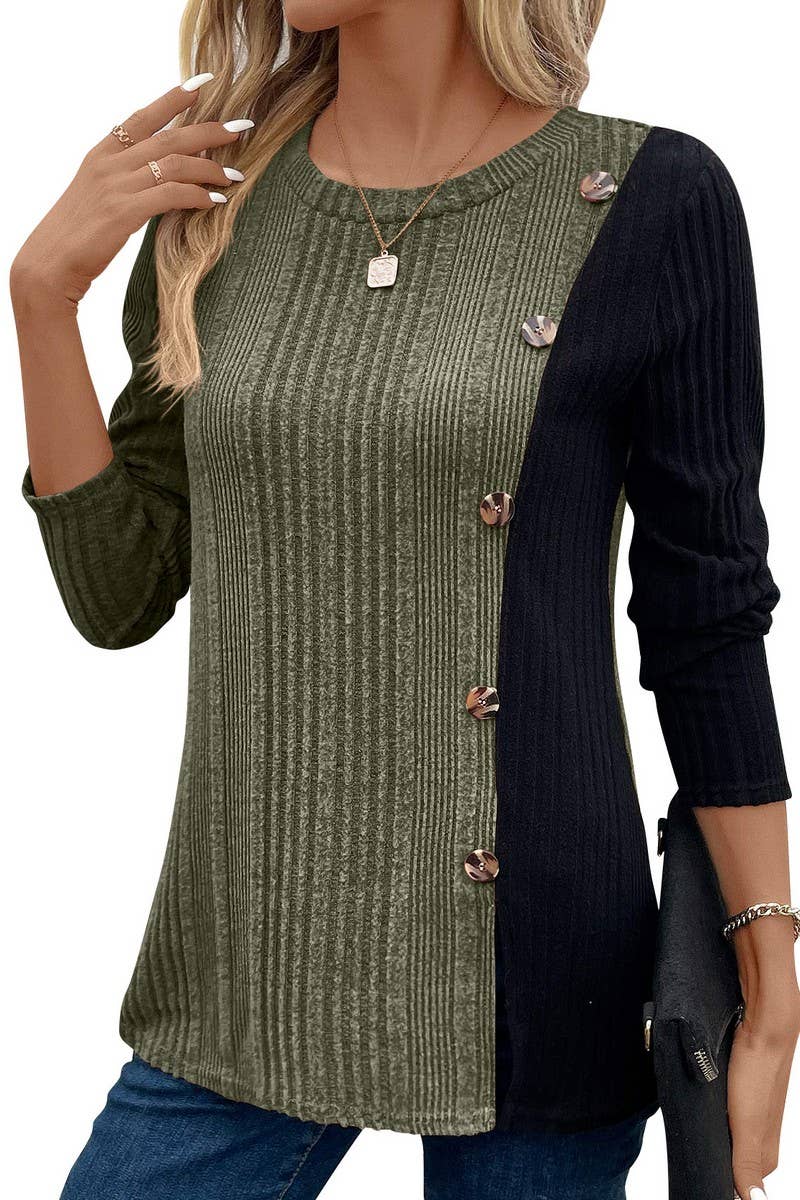 CWTBLL3195_COLORBLOCK CONTRAST BUTTON-DOWN SLIT CASUAL TOP