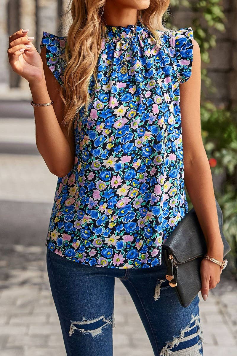 CWTBLSL0061_Round Neck Floral Ruffle Sleeveless Top