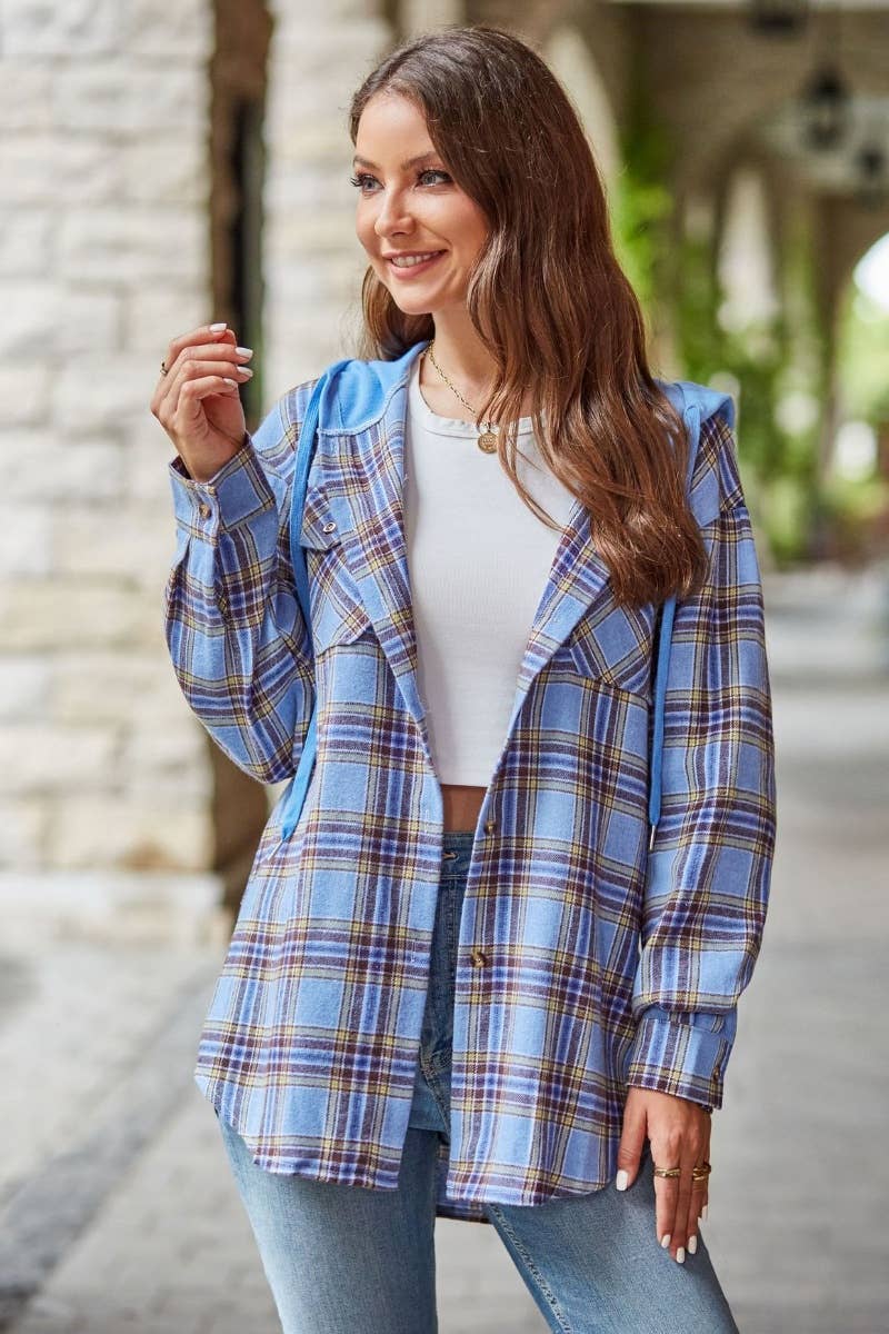 CWTSTL1718_FALL CASUAL LONG-SLEEVED HOODED PLAID SHIRT TOP