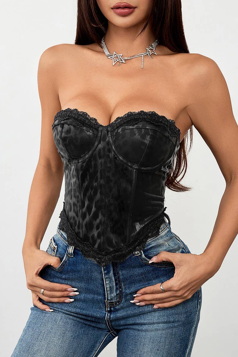 CWTTT0058_LEOPARD-PANEL LACE HERRINGBONE CORSET