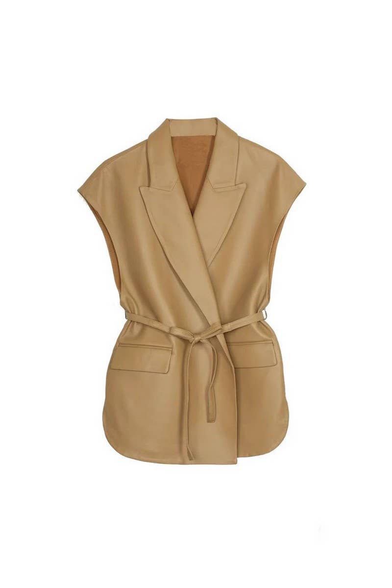 CWOV0790_SUIT COLLAR LEATHER SLEEVELESS LACE-UP VEST COAT